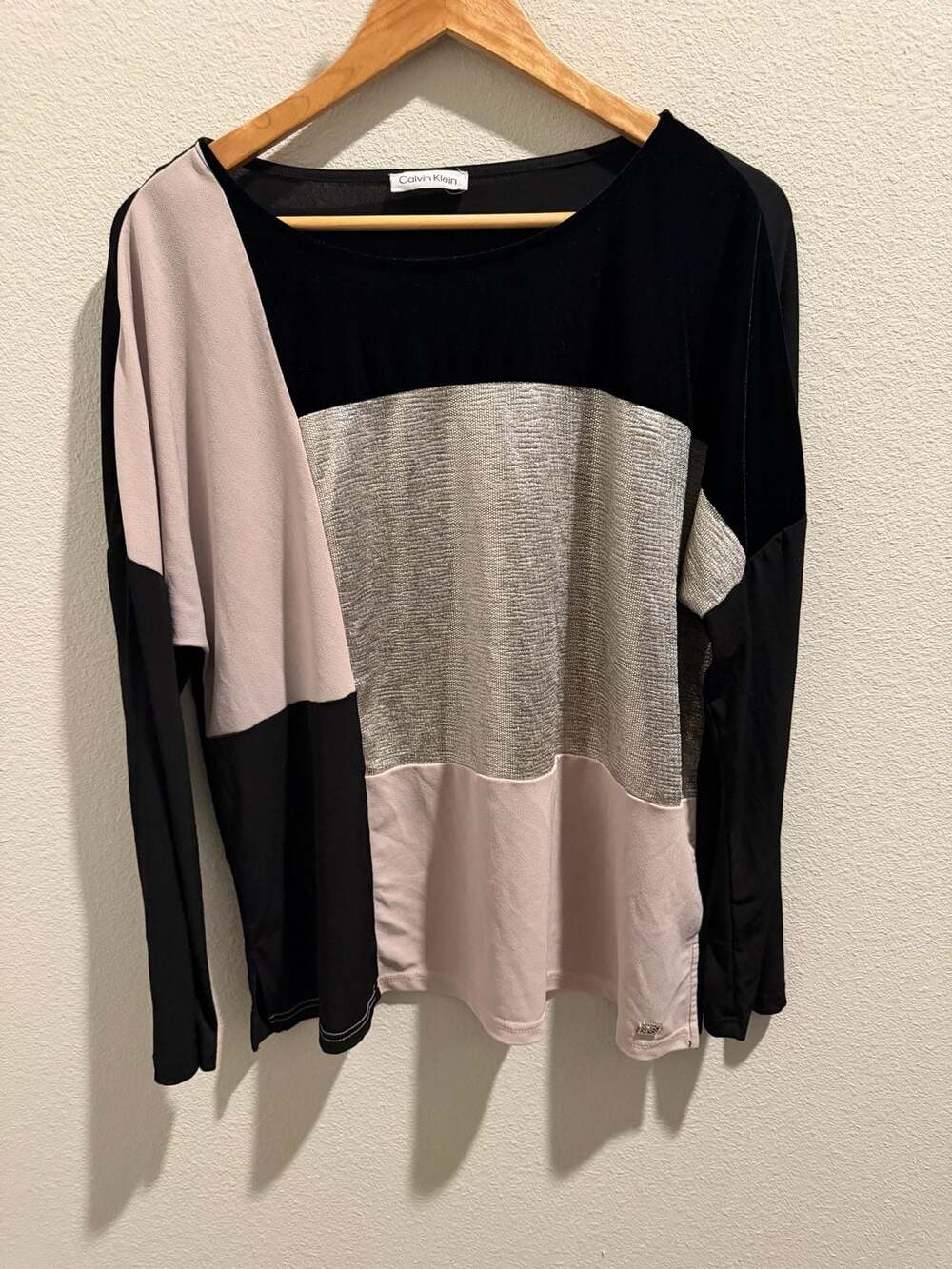 Calvin Klein Colorblock Long Sleeve Metallic Knit Top with Velvet Detail